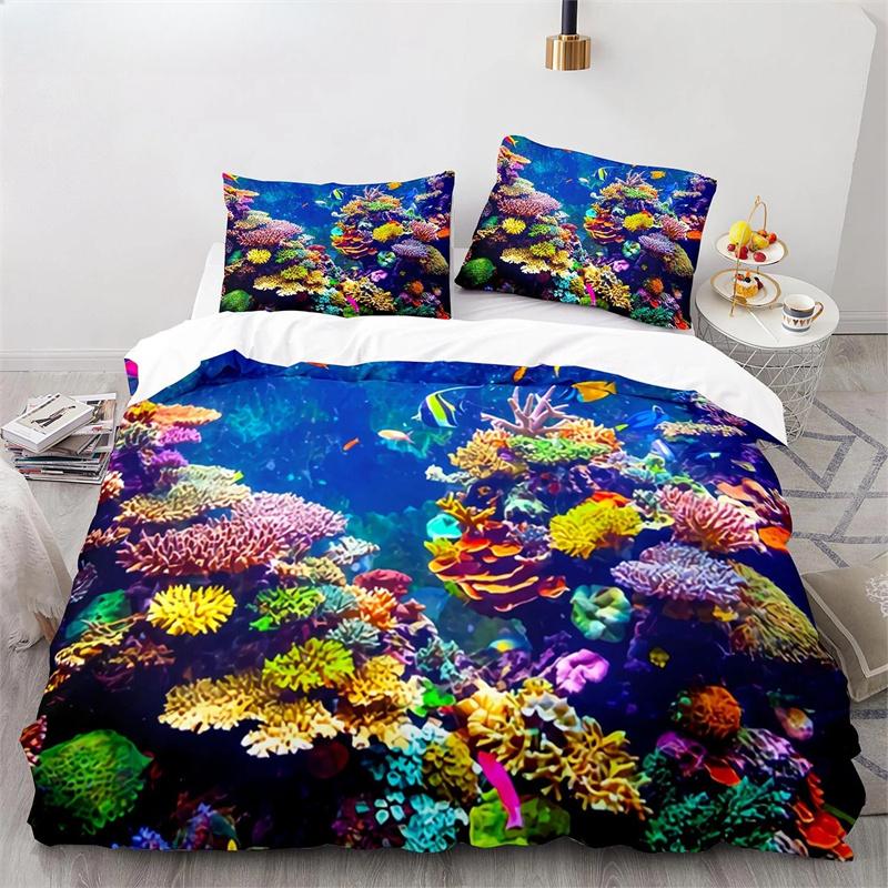 Underwater World King Queen Duvet Cover Cartoon Ocean Animal Bedding Set For Kids Fish Coral Sea Life Soft Polyester Quilt Cover