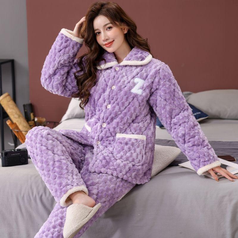 Pajamas women's winter three-layer thickened models fleece coral fleece warm padded cotton autumn and winter women's loungewear
