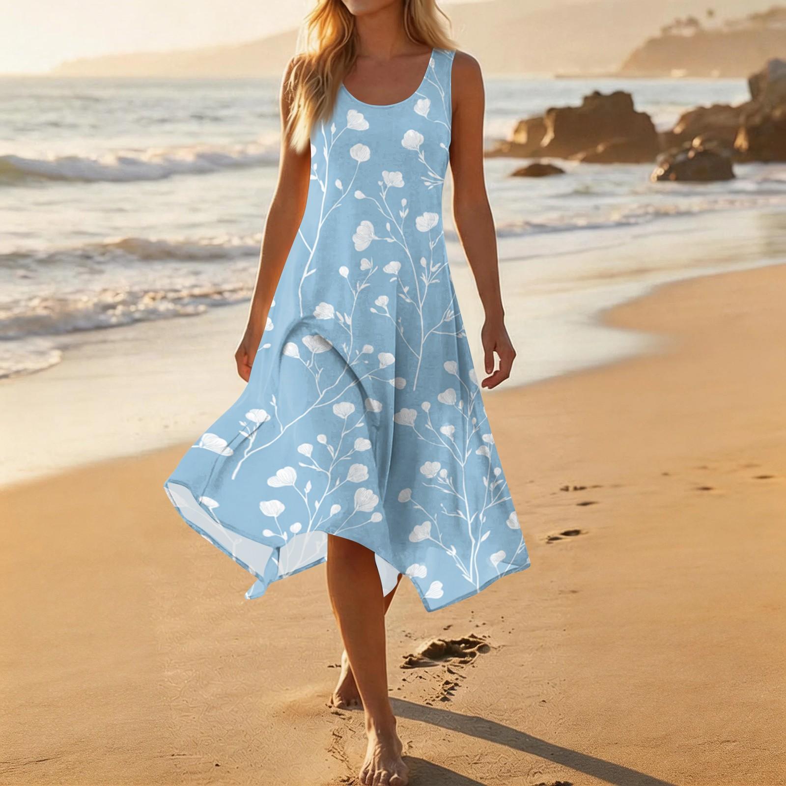 

Women Sleeveless Casual Floral Print Dress Round Neck Irregular Hem Mid Length Summer Dress S