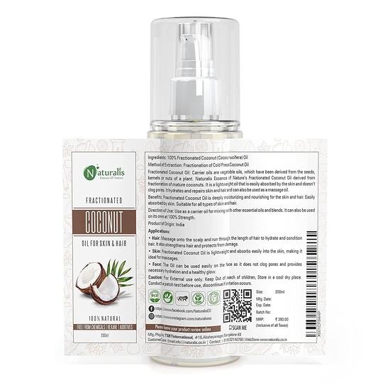 Naturalis Fractionated Coconut Skin & HairOil | 200ml & Odorless Coconut MCT Oil | Coconut Oil for Hair & Skin Moisturization