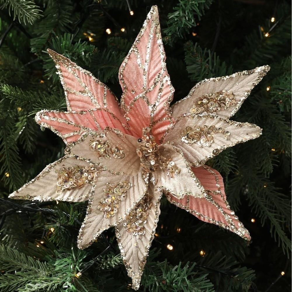 New Large Artificial Poinsettia Flower Glitter Sequins Christmas Glitter Flower Sparkling Simulation Flowers New Year Festival