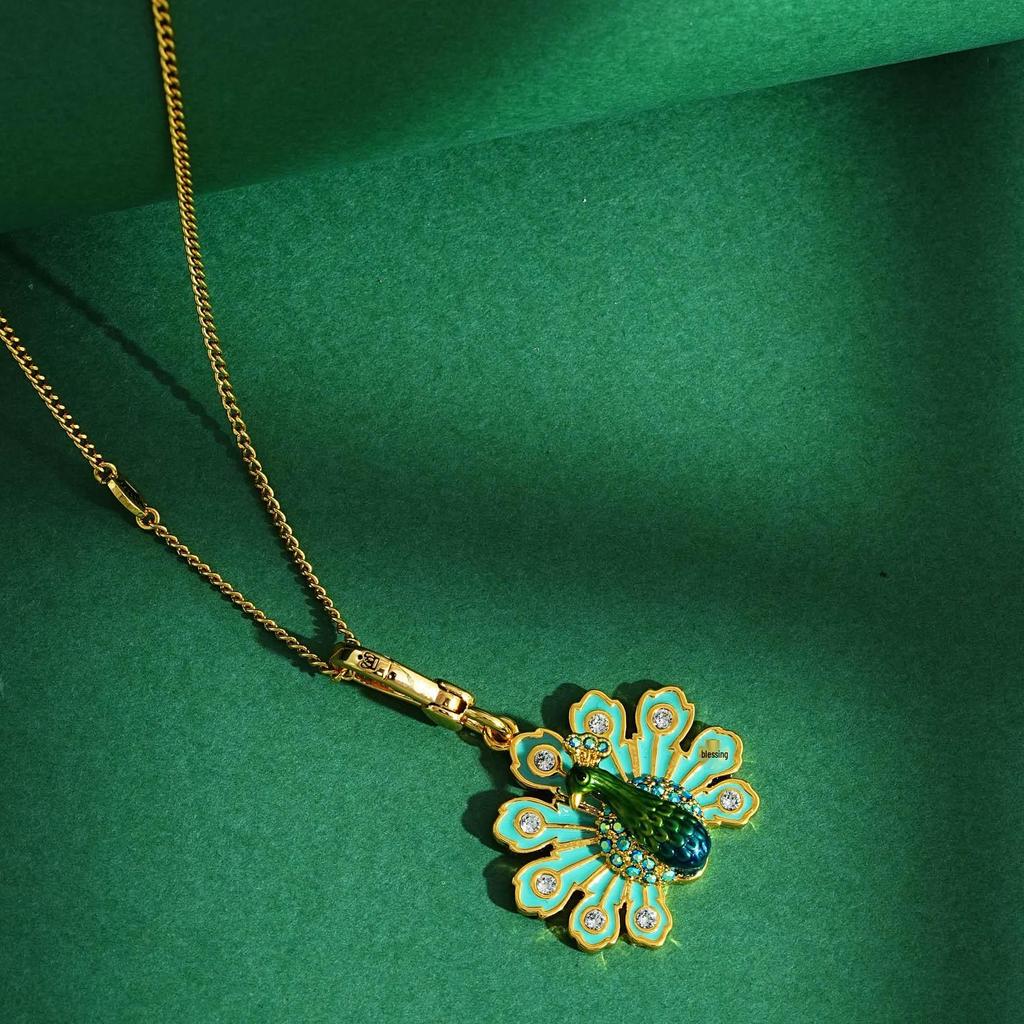 Ethnic Style Peacock Pendant Necklace with Enamel and Diamond-Inlaid Feathers