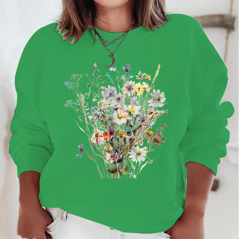New Flower Hoodies Women Floral Oil Painting Y2K Sudaderas Long Sleeve Round Neck Vintage Boho Wild Flower Woman Sweatshirts