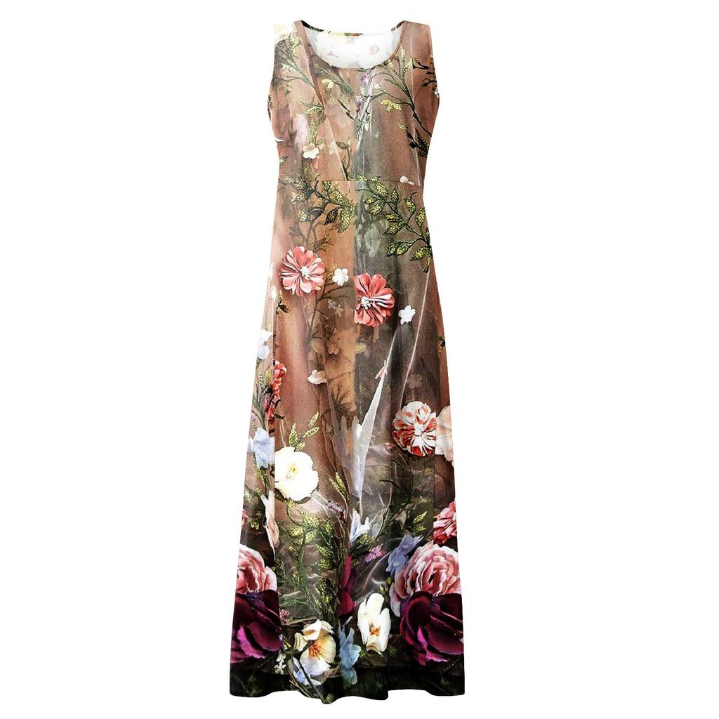 Women's Casual Fashion Flower Printed Sleeveless Pocket Dress