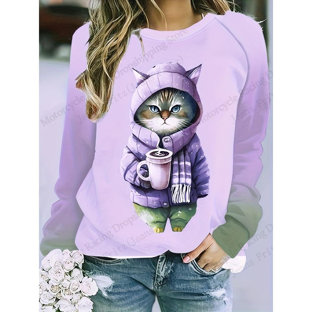 Lustige Cartoon-Katzen 3D-gedruckte Sweatshirts für Damen, modische Tier-Sweatshirts mit Rundhalsausschnitt für Damen, lässige Langarmbekleidung
