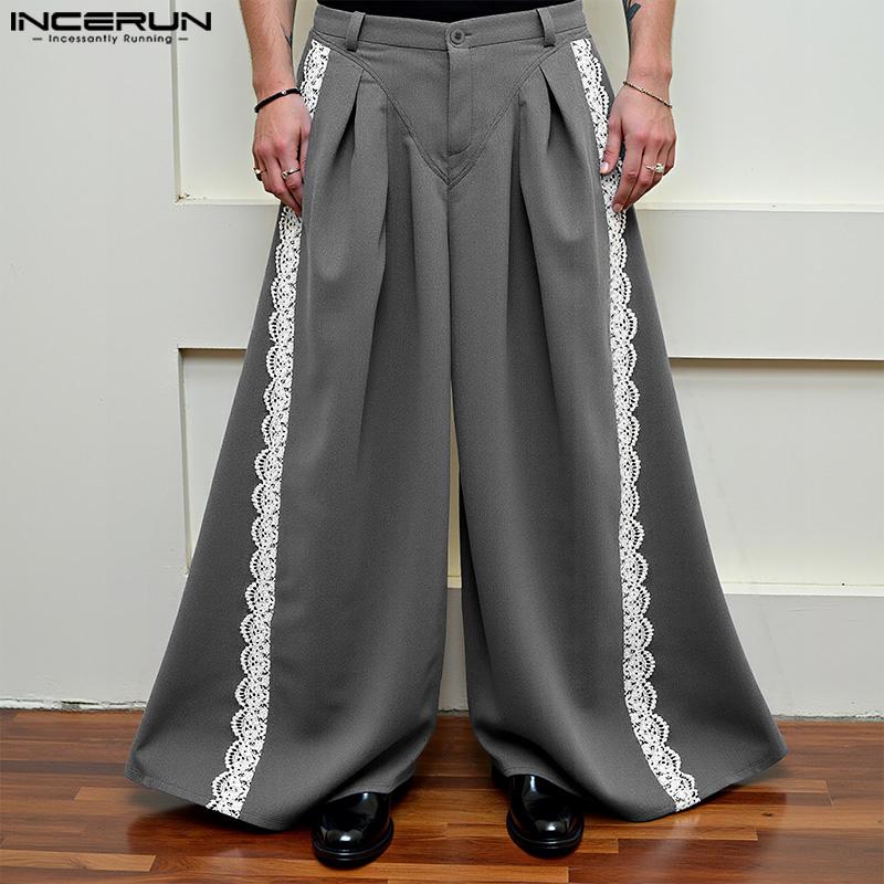 INCERUN Men Casual Zipper Waist Lace Hem Long Wide Legs Pants Trousers