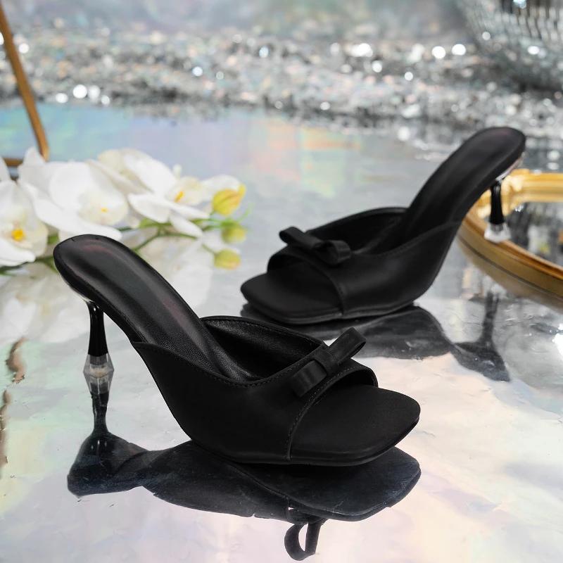 2025 New Slipper Mules Low High Heels Shoes Summer Best Street Look Females Square Head Open Toe Bow Strappy Sandals Women