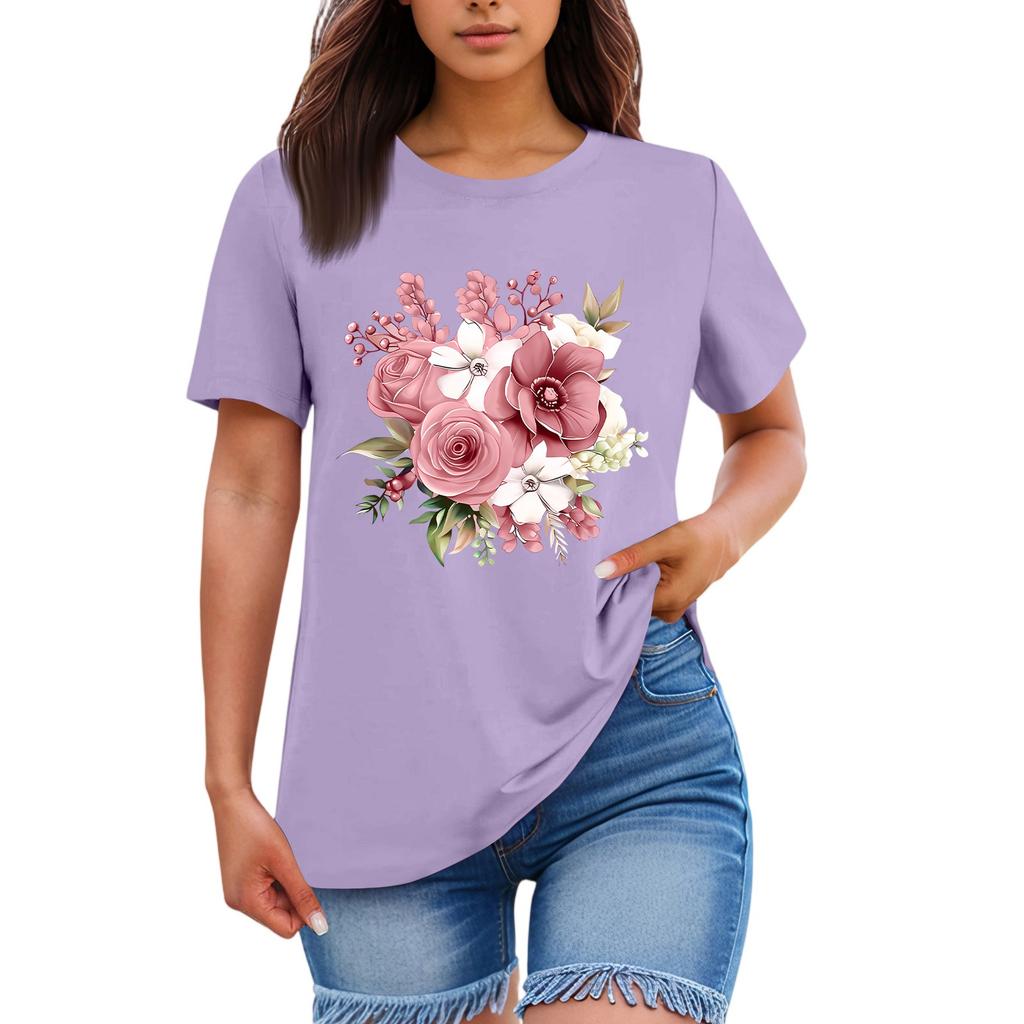 Ladies' Loose Comfortable Casual Fashionable Plant Flower Printed Round Neck Short Sleeved Shirt