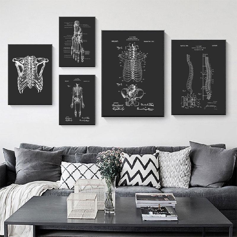 Anatomy Muscle Bone Black and White Canvas Painting Skeleton Organ Wall Art Modern Pictures Posters for Doctor Office Home Decor