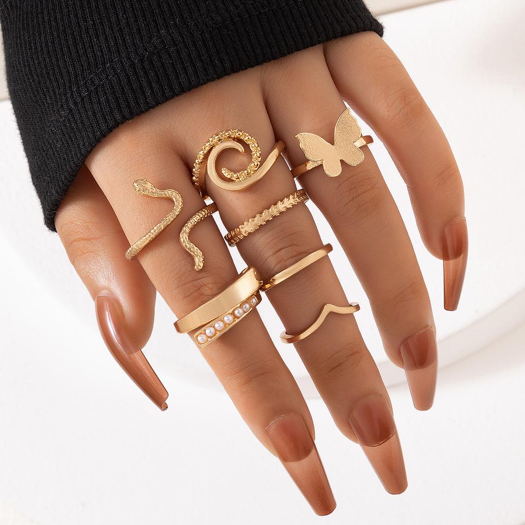 2025 New Simple Pearl Alloy Butterfly Snake Ring Geometric Zodiac Seven-Piece Ring Set