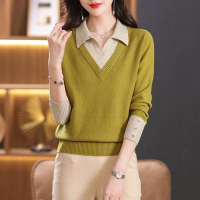 Polo Collar Fake Two-piece Long-sleeved Knitted Sweater Women's New Autumn Sweater Foreign Loose Top