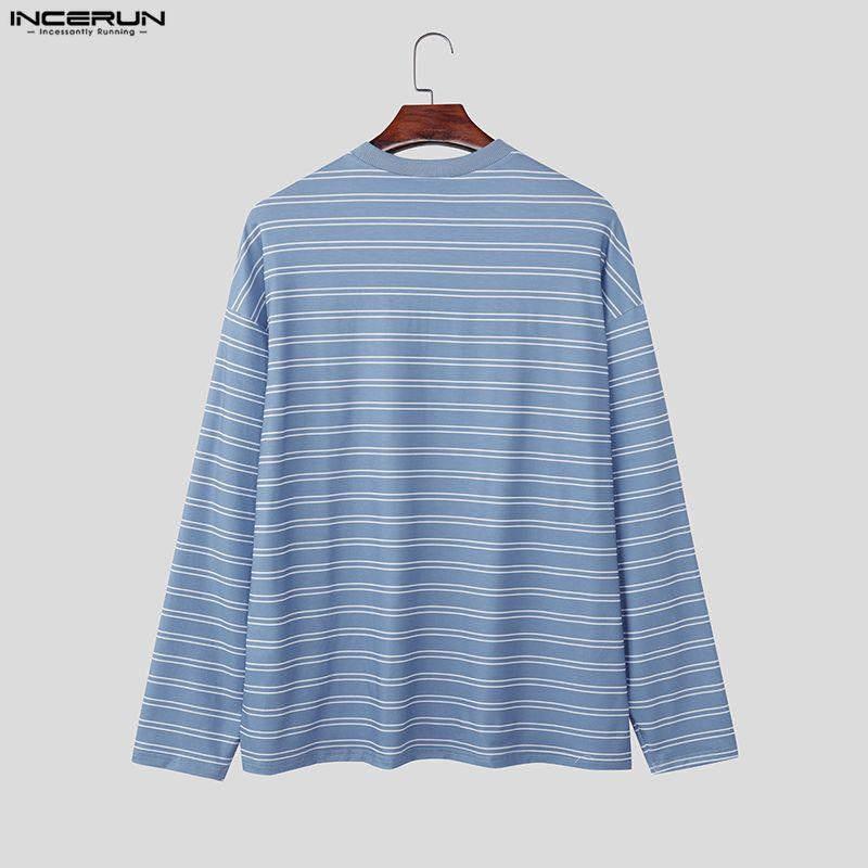 INCERUN Oversized Men Long Sleeve Striped Loose Casual Tops T-shirts