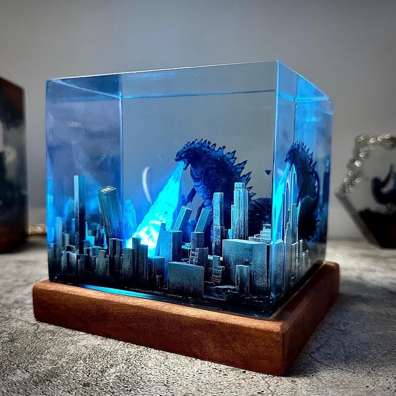 Godzilla Peripheral Night Light Model Ornaments Godzilla Atomic Breath Miniature Model Resin Epoxy Lamp Bedroom USB Atmosphere Light