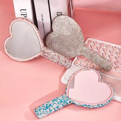 Specchio da Trucco con Strass Glitterati e Manico Lungo Alta Chiarezza Portatile Specchio da Toeletta da Donna Rotondo Cuore d'Amore Quadrato Specchio Cosmetico Portatile