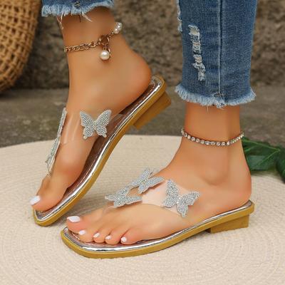 Modne Baleriny Kryształowe Damskie Kapcie Kokarda Kwadratowy Nosek Sandały Letnie Klapki Japonki Outdoor Mujer Zapatos Klapki