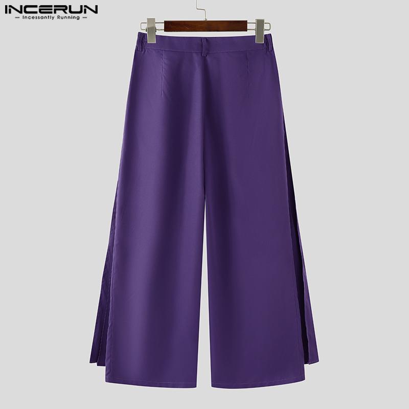 INCERUN Men Solid Color Zipper Waist Pleated Layers Casual Wide Legs Pants Trousers