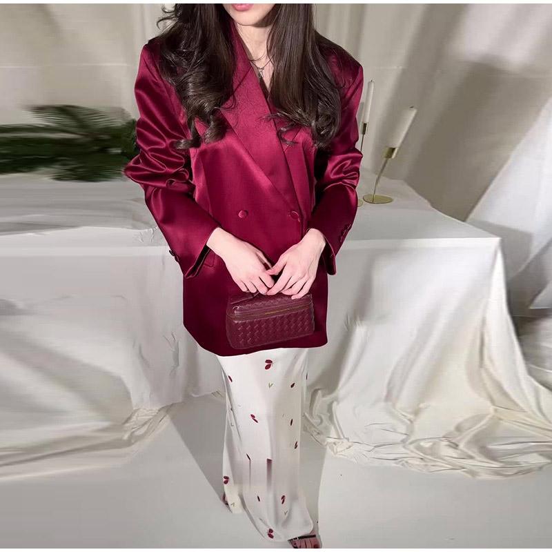 Set din două piese casual de modă pentru femei, culoare uni, mătase, ușor, versatil, sacou costum elegant, fustă midi costum, seturi stil nou primăvară și toamnă 2025