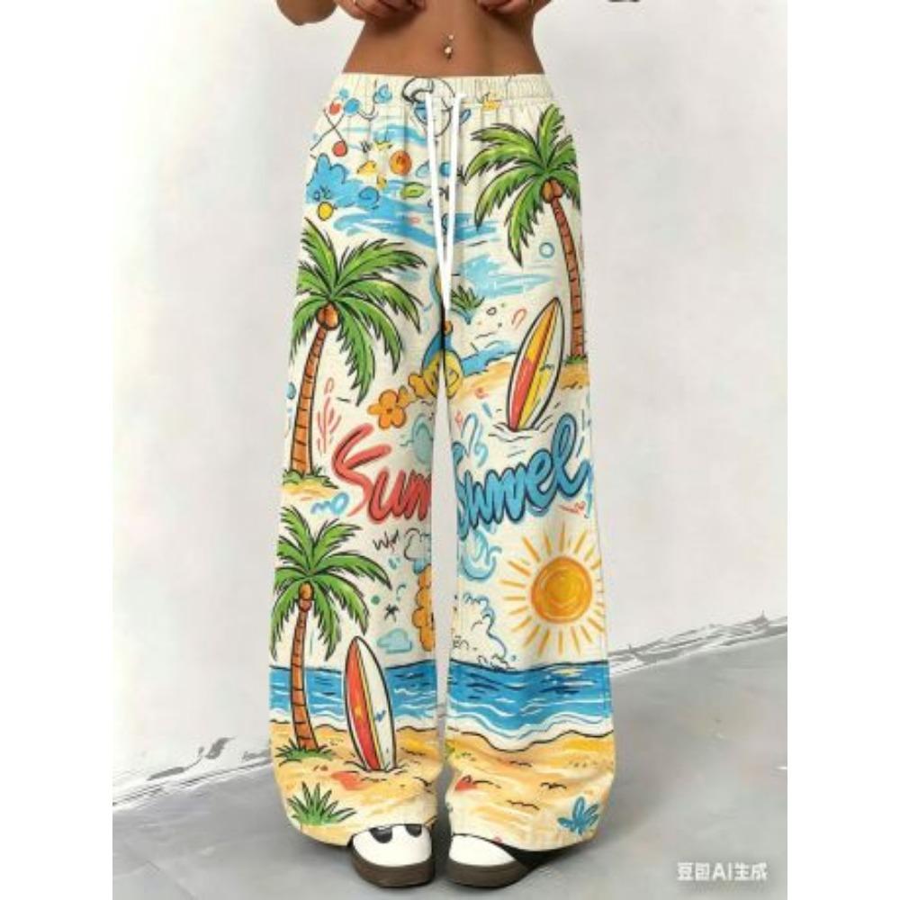 Floral Print Wide Leg Women Pants Spring Drawstring Bohemia Trousers Lady Casual Loose Elastic Waist Pantalonsw Plus Size