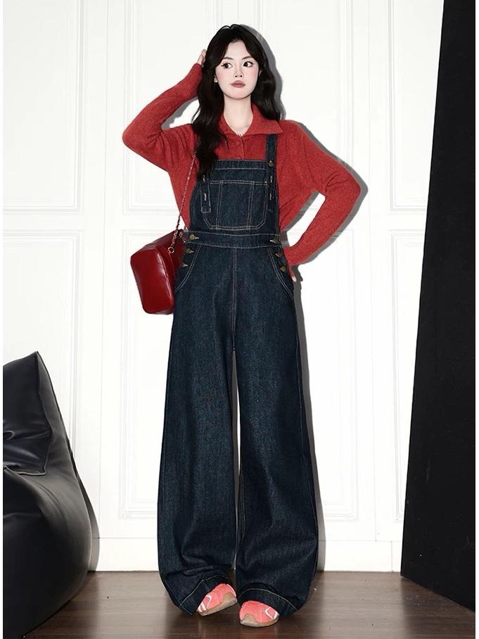 Women's Retro Denim Blue High-Waist Wide-Leg Overalls - Spring/Autumn 2026 Collection