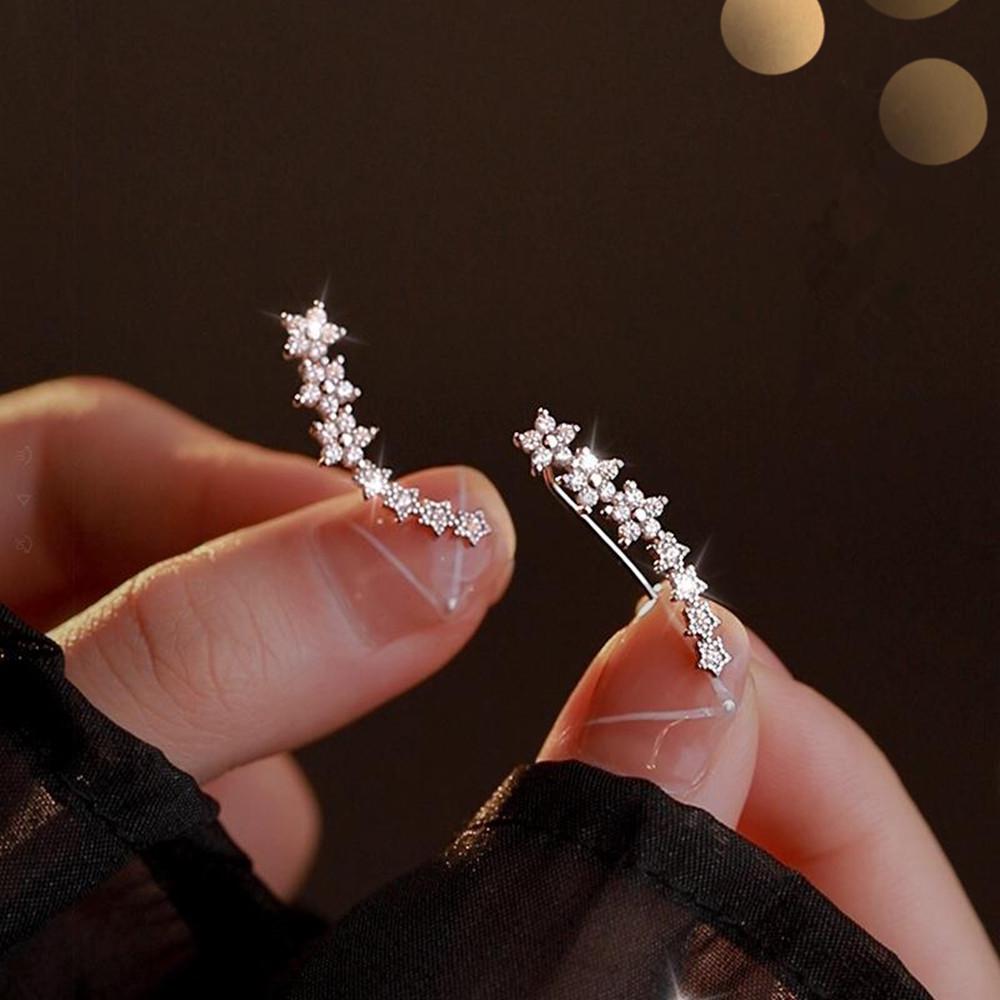 14K Gold Plated S925 Silver Five-Petal Flower Ear Cuffs & Star Diamond-Inlaid Earrings for Women