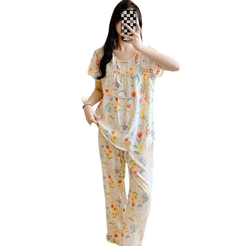 Short-sleeved Trousers Cotton and Silk Pajamas Women's Summer Thin Suit Japanese Sweet Anti-bumps Can Be Worn Outside Cotton Silk Loungewear