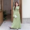 Premium Light Green Retro Dress Women's Early Spring and Autumn Print Super Long To the Ankle a Word Long Dress
