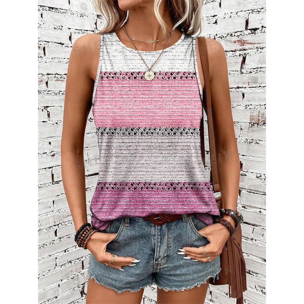 Summer color splicing 3D printing women's fashionable O-neck vest