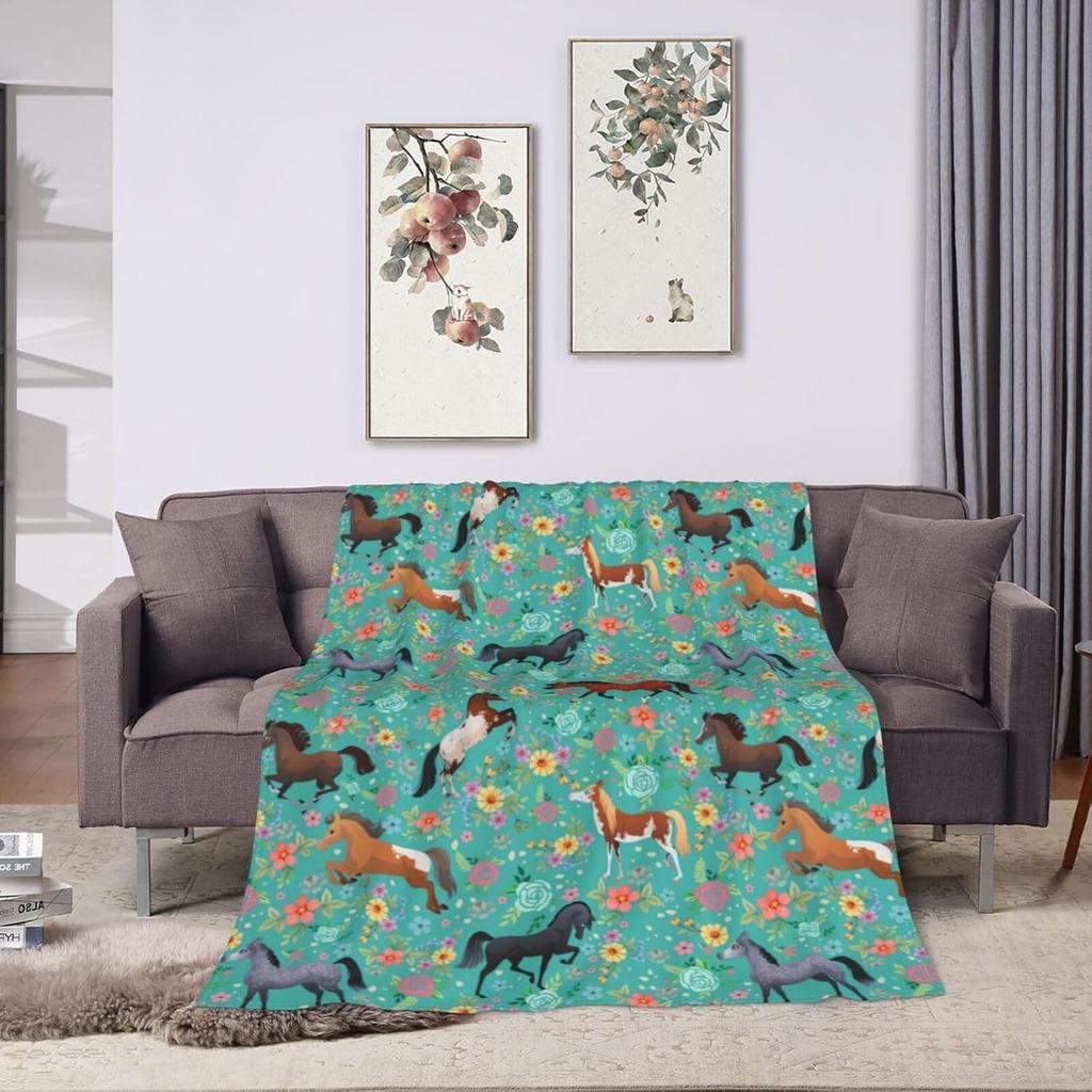 Horse Flower Throw Blanket Soft Cozy Plush Warm Fleece Football Blanket For Sofa Couch Bed 80"X60"