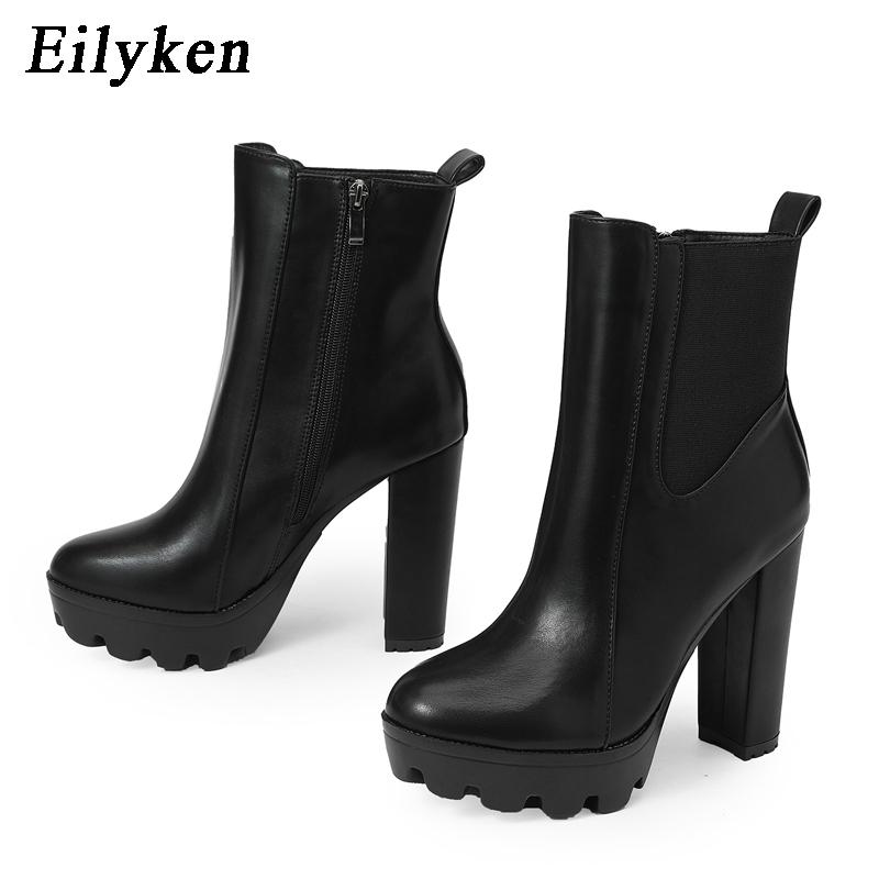 Eilyken High Quality High Heels Ankle Boots Fashion Women Thick Platform Autumn Winter Slip On Ladies Street Style Shoes Mujer