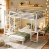 Two Sleeping Places, Loft Bed, Iron Frame, 90 x 200 cm, Desk, Socket USB and Type-C Port, Shelves, Clothes, EN747 Certified, Without Mattress, White