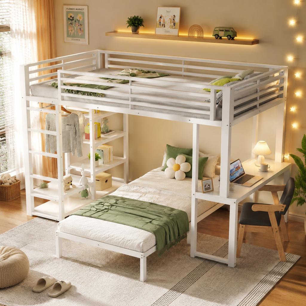 Two Sleeping Places, Loft Bed, Iron Frame, 90 x 200 cm, Desk, Socket USB and Type-C Port, Shelves, Clothes, EN747 Certified, Without Mattress, White