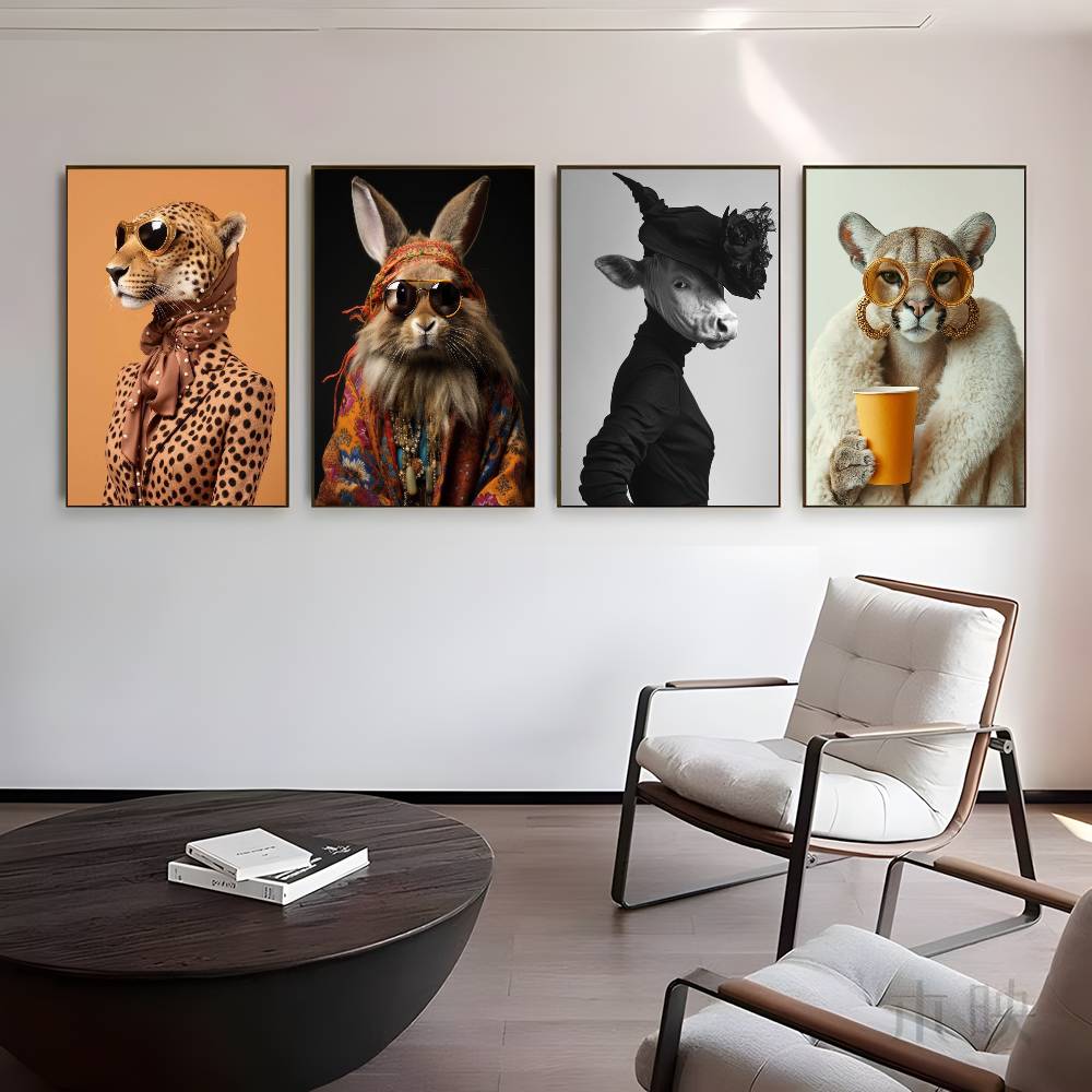 1pc Eclectic Fashionista Animal Portrait Poster Sticker Print Waterproof Wall Art For Living Room Bedroom Home Decor