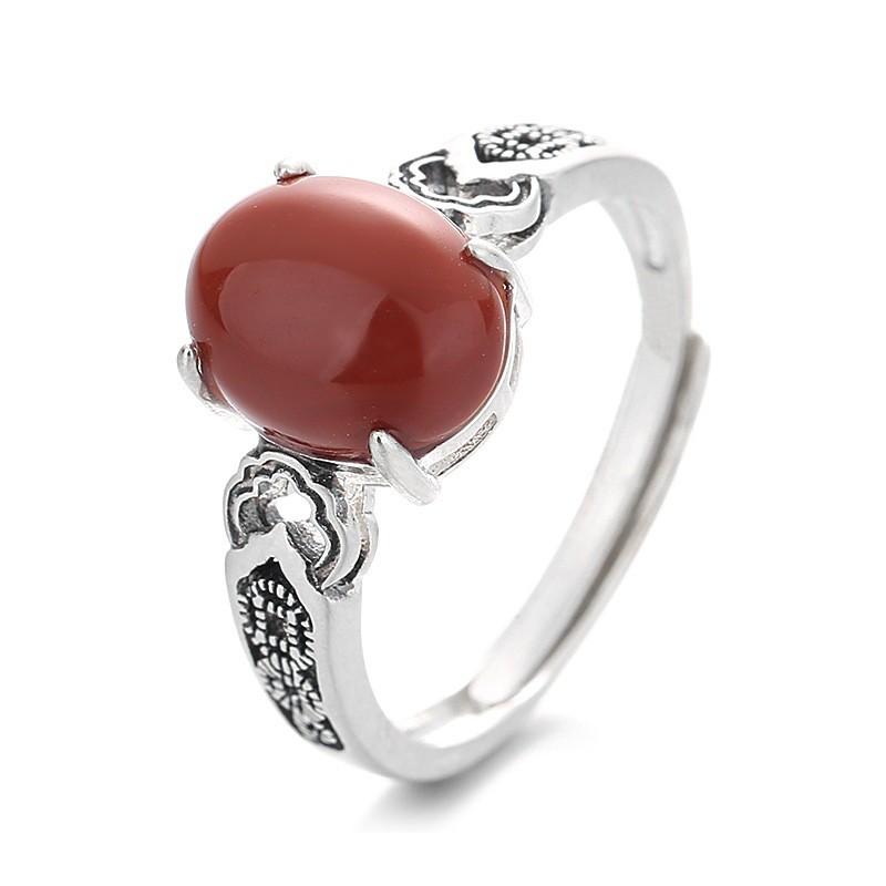 Adjustable Copper Ring With Red Agate Cabochon Motif Vintage Boho Jewelry Women Men