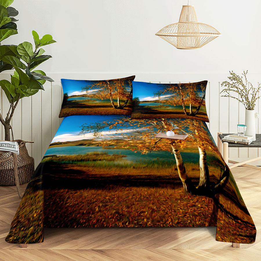 Scene Bed Sheet and Pillowcase Set Bedding Linens Cover Queen King Double Size 220x240 Trees for Bedroom Soft Twin Full Single