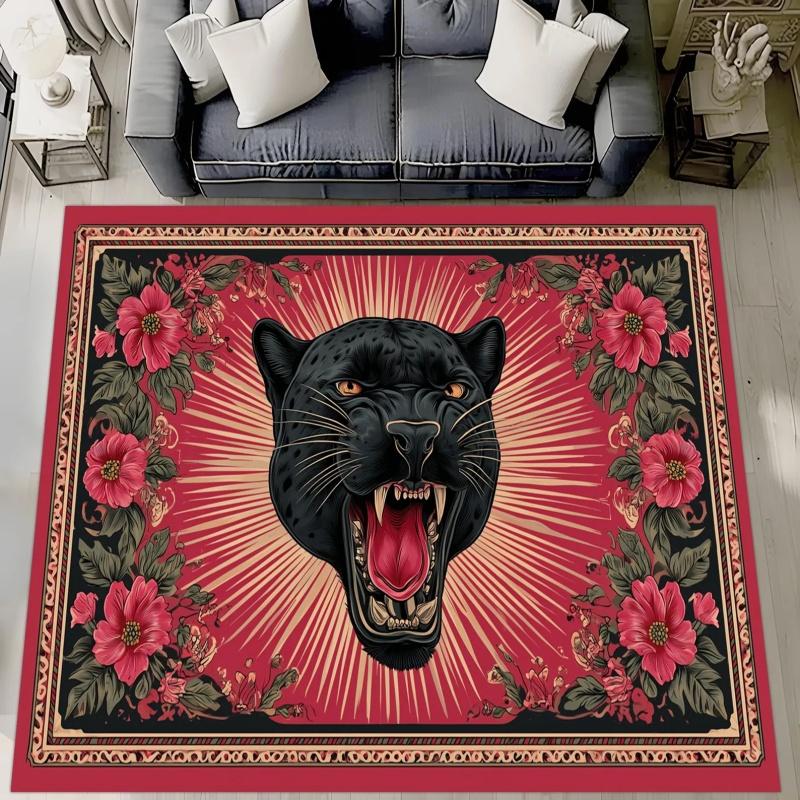 Vintage Blumiger Schwarzer Panther Bereichsteppich, Verzierter Rot Grüner Musterteppich, Rutschfeste Dekorationsbodenmatte für Wohnzimmer Schlafzimmer Heimdekoration