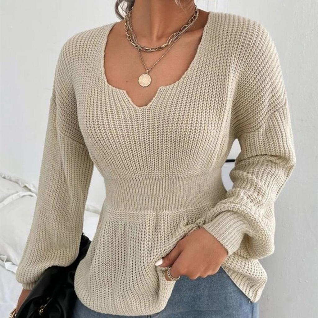 Women's Fashion V-Neck Pullover Shirt Solid Color Long Sleeve Ruffle Waist Women's Shirt