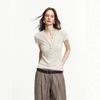 Minimalist Light Gap, Cotton and Linen Blend Sequined Fancy Yarn Front Shoulder Henry Collar Short-sleeved T-shirt Top Women