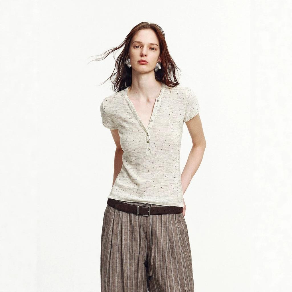 Minimalist Light Gap, Cotton and Linen Blend Sequined Fancy Yarn Front Shoulder Henry Collar Short-sleeved T-shirt Top Women