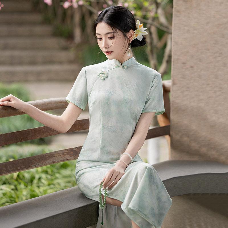 Blue national style new Chinese Suzhou long cheongsam improved young 1011 new women's high sense daily summer