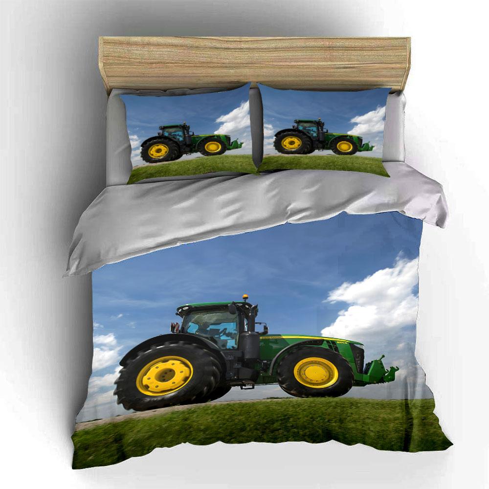 Large Green Tractor In Field Bedding Set For Kids Luxury Gift 3Pcs Digital Print Comforter Set Soft Comfortable Breathable