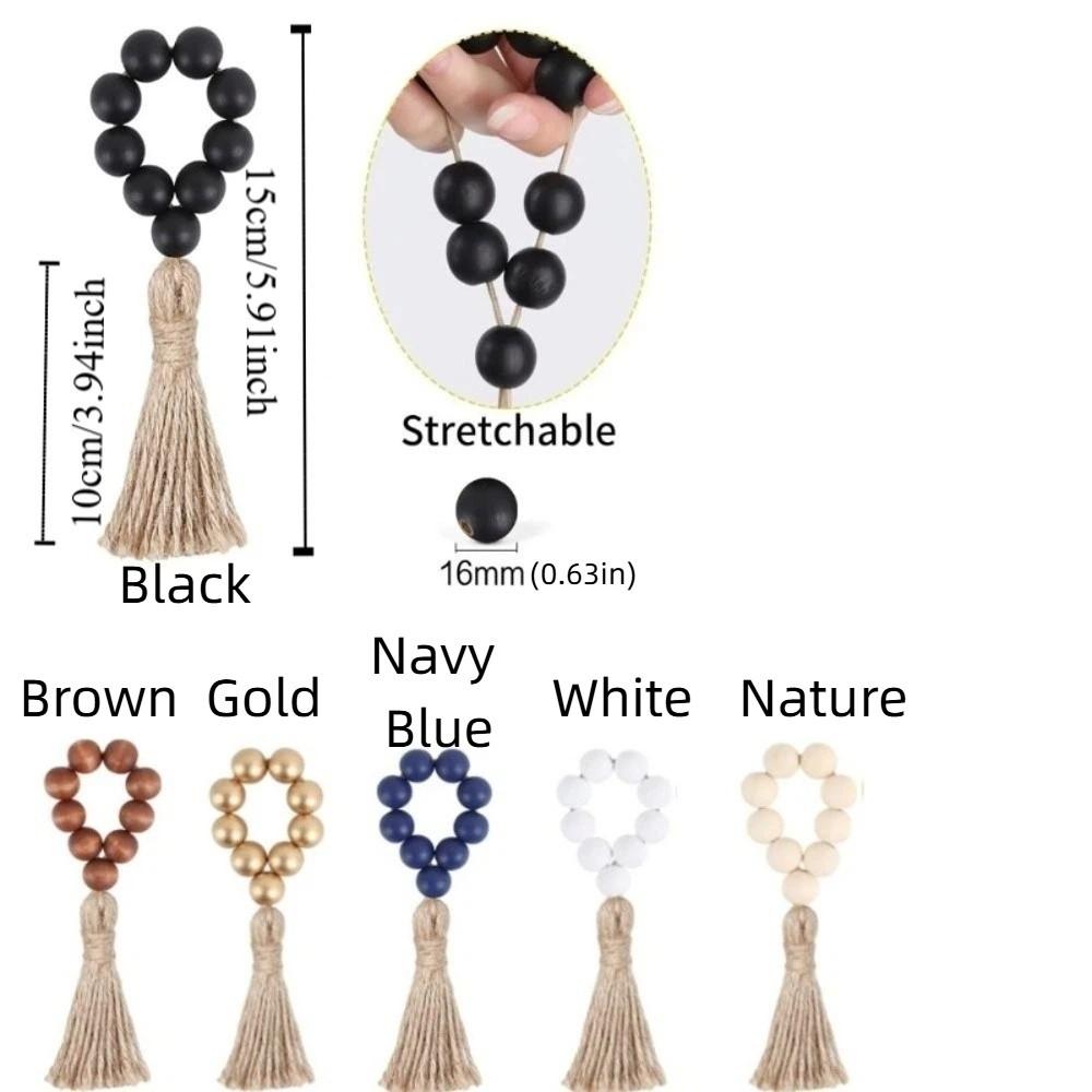 6 Pieces Farmhouse Style Wooden Bead Napkin Rings Adjustable with Tassel Napkin Buckle Handmade Napkin Holder Holiday Banquet