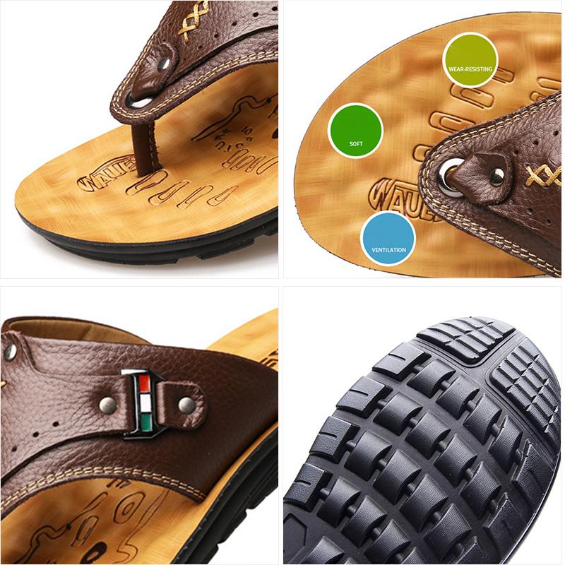 New Men Slippers Summer Flip Flops The First Layer Cow Leather Flat Heel Casual Mulers Clogs Beach Shoes High Quality Sandals