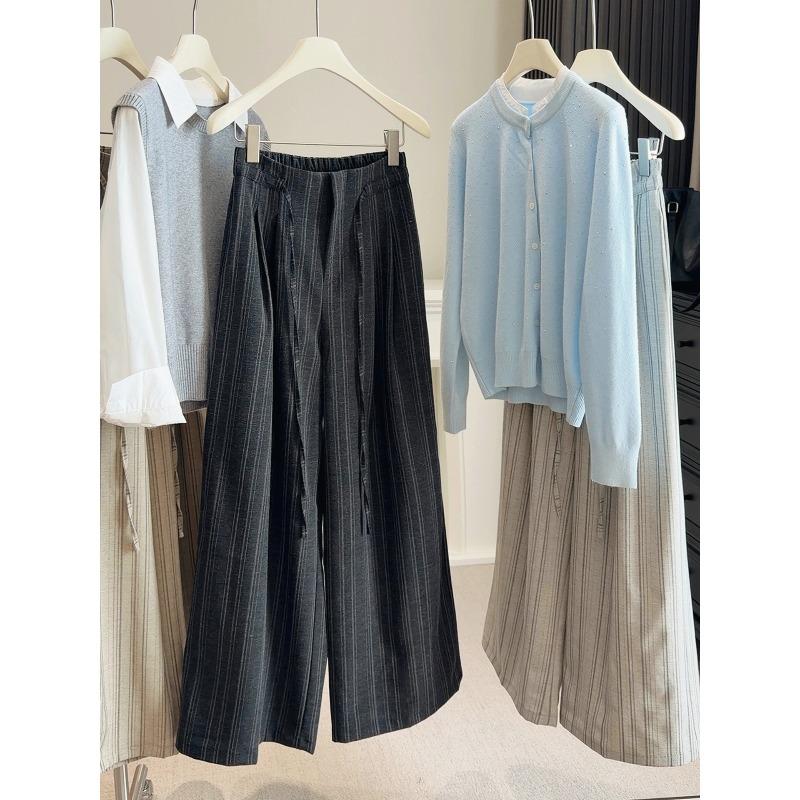 Slack pleated striped wide-leg casual pants women's spring new versatile high-waisted thin straight suit trousers