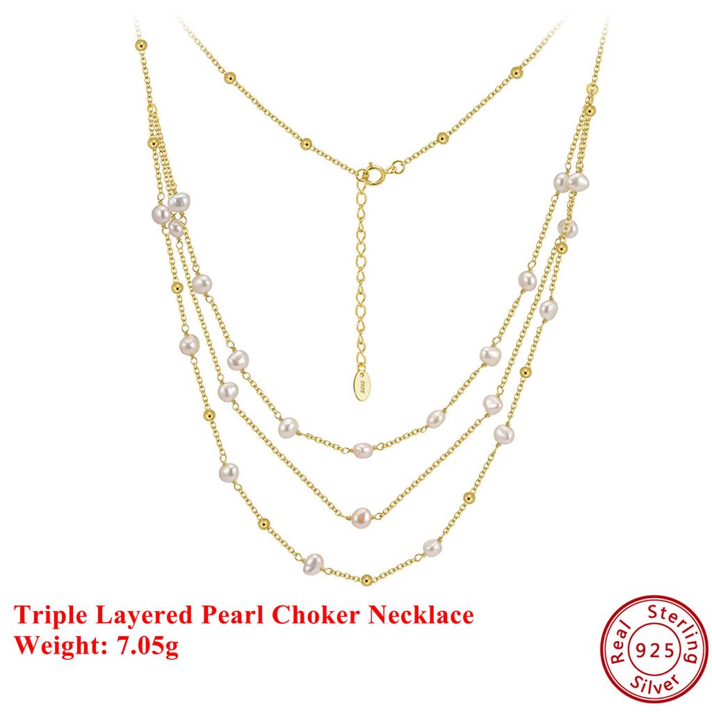 EFFIE QUEEN 925 Solid Sterling Silver 14k Gold Triple Layered Pearl Choker Necklace Luxury Jewelry for Women Wedding Party GPN89