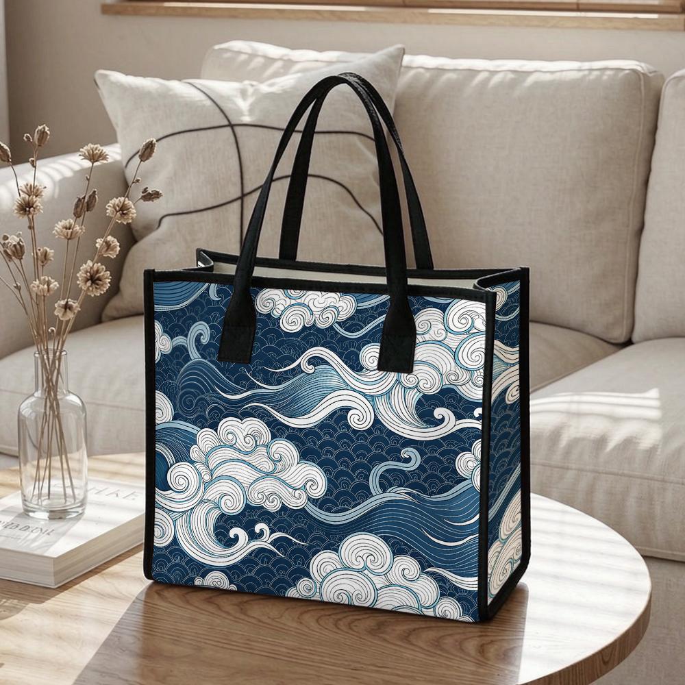 Japanese Wave Pattern Tote Bag Casual Large Capacity Daily Use Shopping Handbag for Ladies