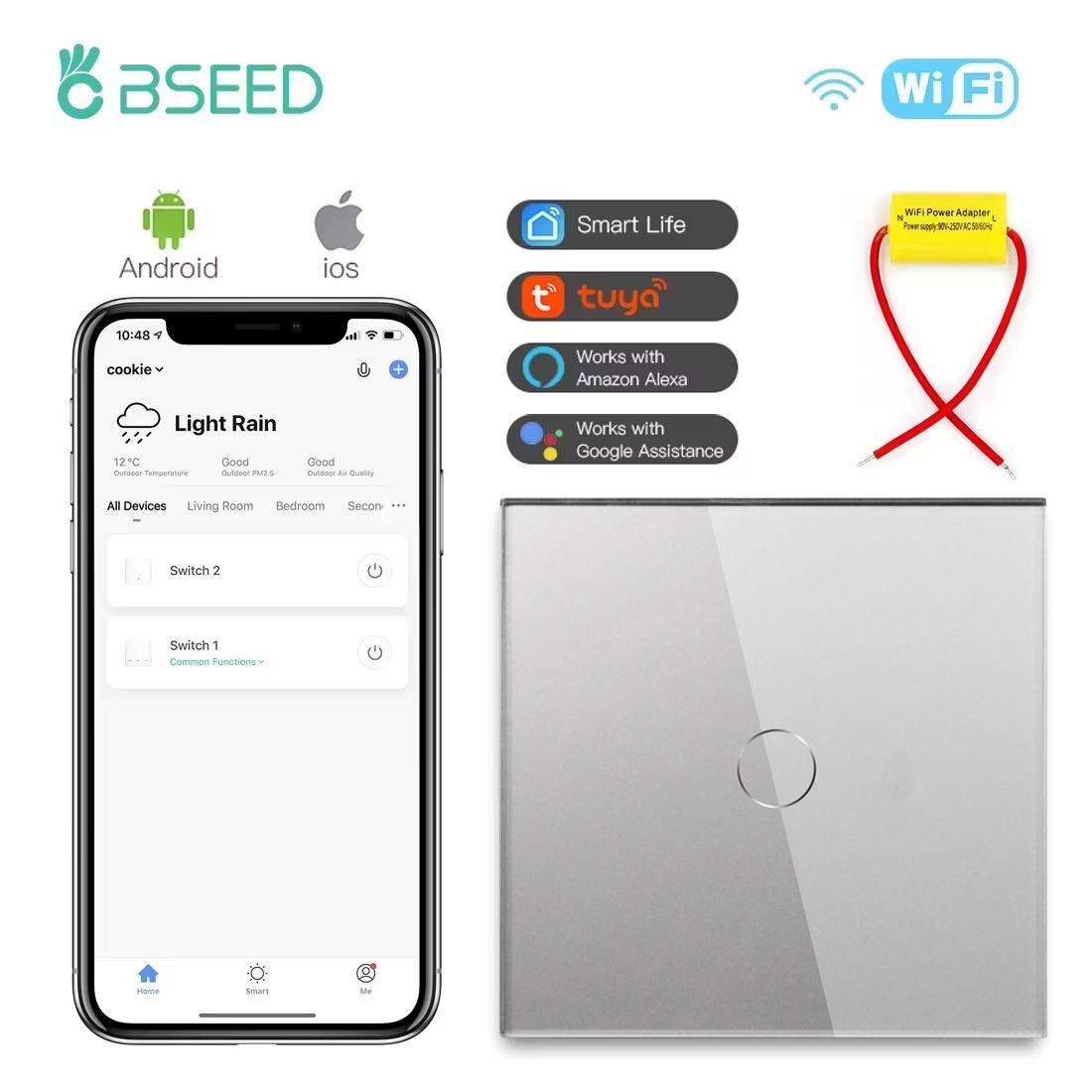 

BSEED 1/2/3Gang Wifi Smart Touch Switches Tuya Smart Life Alexa App With EU Sockets USB Type-c Power Ports With Capacitor Gray EU standard