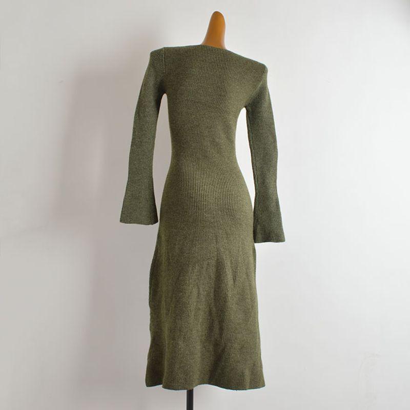 Sample Shirt Solid V-neck Bell Sleeve Knitted Dress Women Clothes Autumn and Winter Sweater Dress Waist Hugging Slimming Over the Knee Long Dress