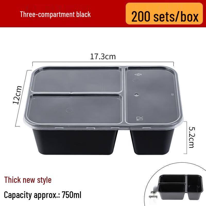 Anfeng Premium Disposable 3-Compartment Takeaway Lunch Boxes, 750ml, 200 Sets