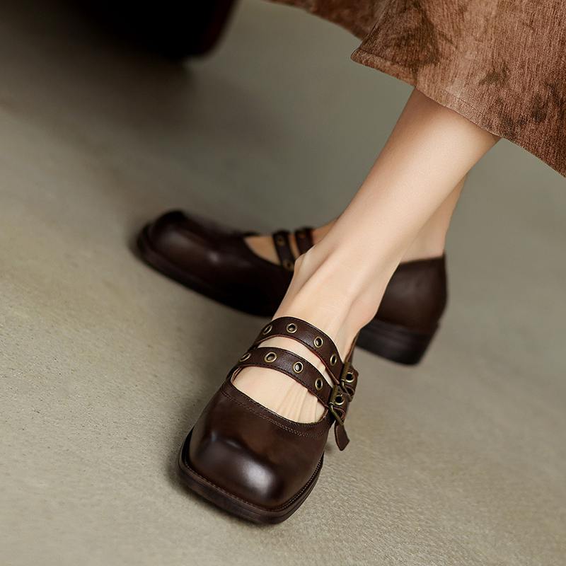 Krazing Pot Cow Skin Spring Summer Size 40 Loafers Thick Med Heels Metal Buckle Women Round Toe Leisure Pumps