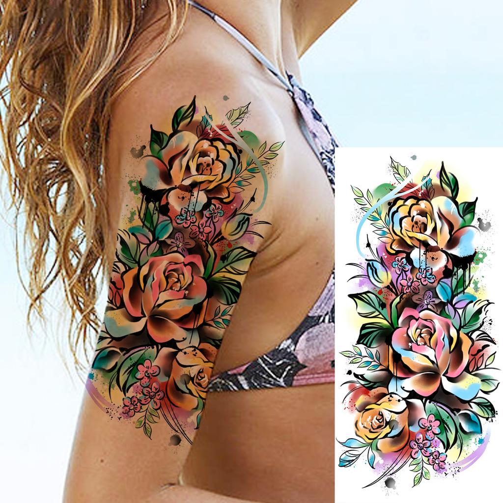 1 Sheet Black Flower Temporary Tattoos For Women Girls Realistic Fake Flora Floral Peony Tattoo Sticker Body Art Painting Decal